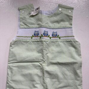 Green/White Owl Embroidered Gingham Smocked Romper - 24M